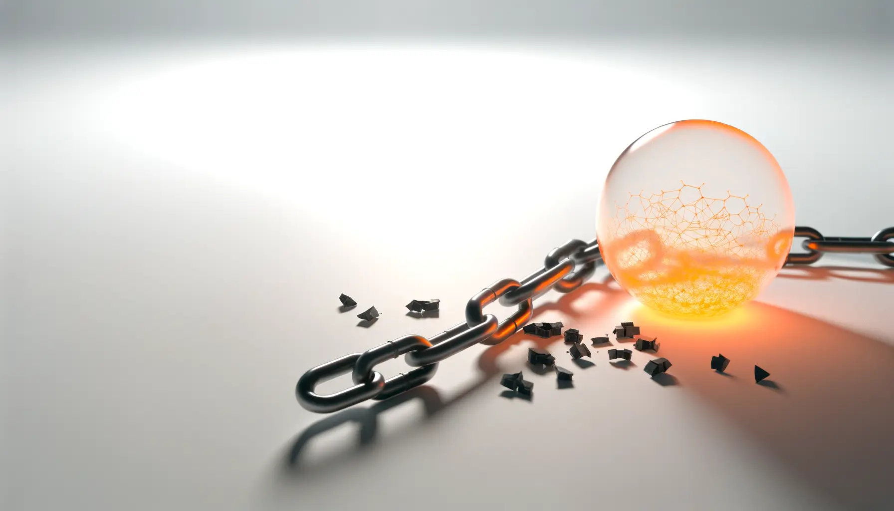 Single glowing network node with broken chain links symbolizing cross-chain vulnerability exploit