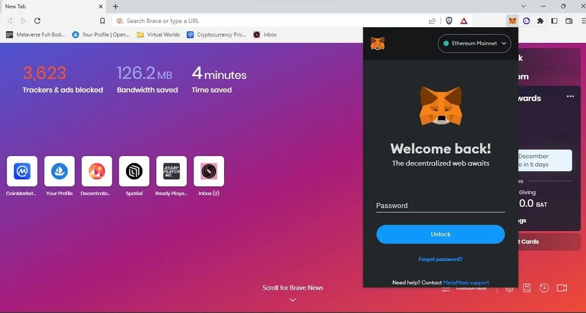 MetaMask browser extension interface with a welcome back message and password input.