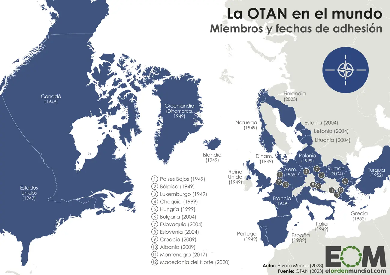 Map showing NATO member countries and their accession dates in North America and Europe.