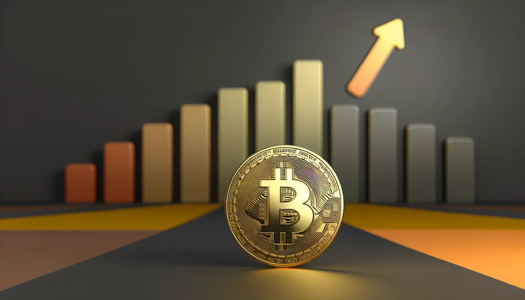 Bitcoin coin with ascending price pattern in clean editorial style
