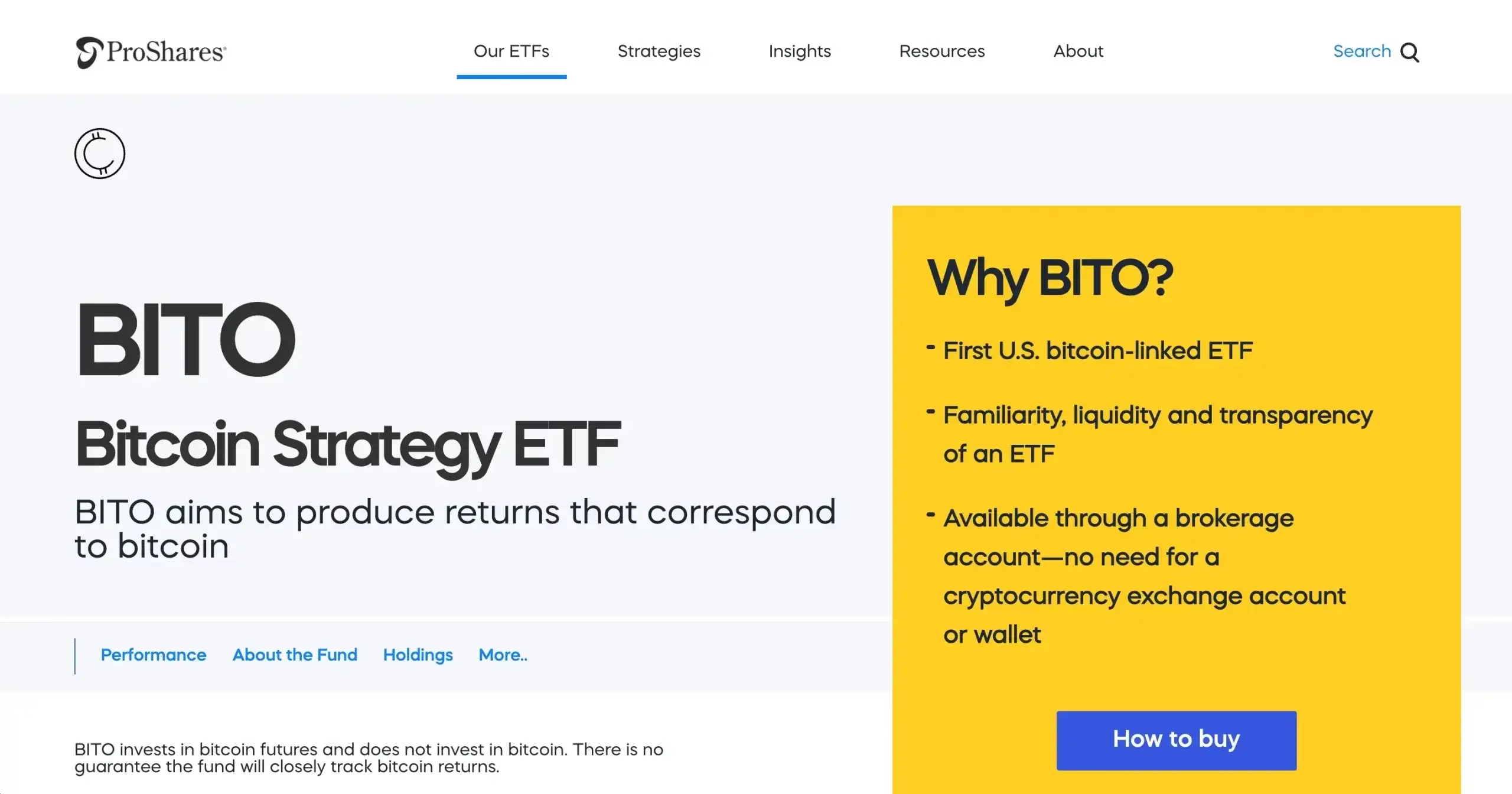 ProShares Bitcoin Strategy ETF information highlighting BITO features.