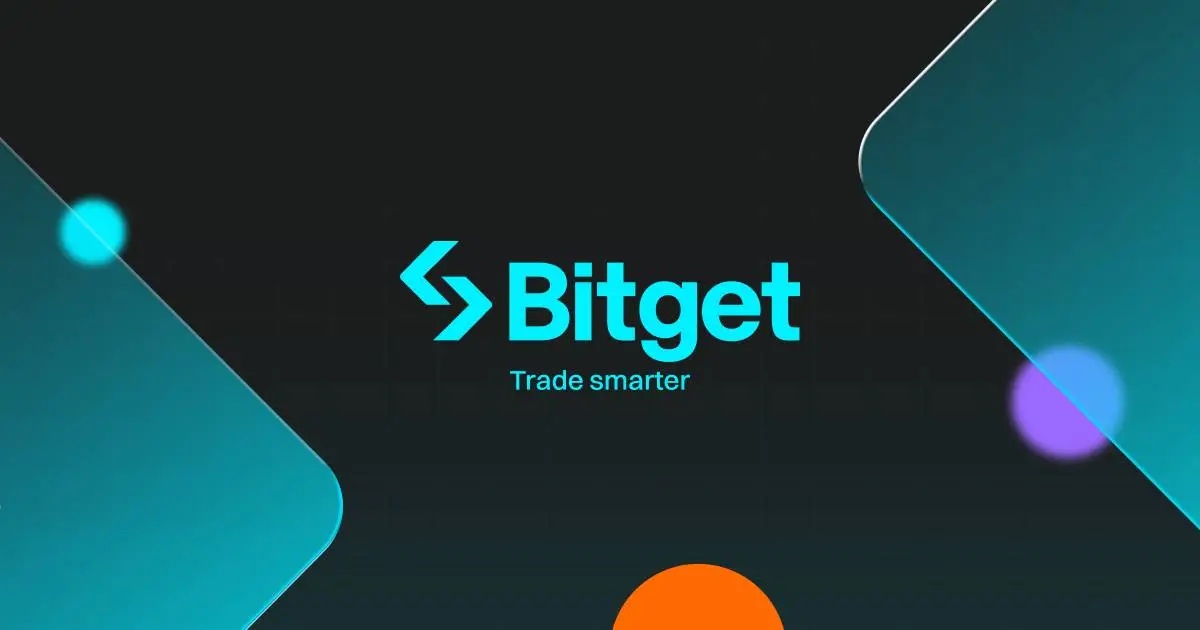 Logotipo da Bitget com o slogan "Trade smarter" sobre um fundo escuro com elementos geométricos coloridos.